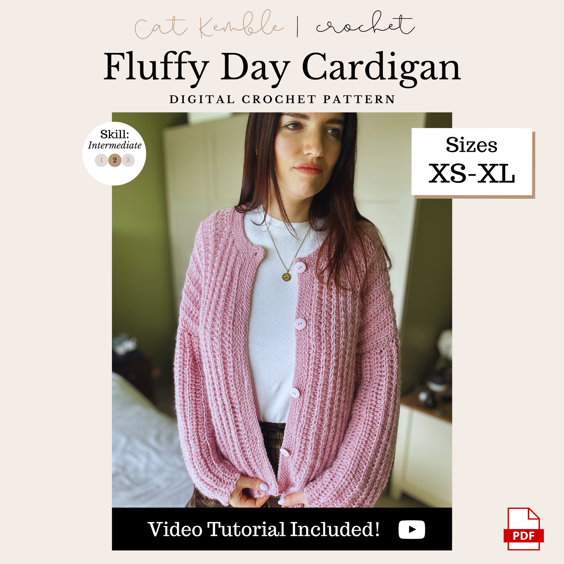 Fluffy Day Cardigan crochet pattern with the YouTuber, Cat Kemble, wearing the cardigan on a beige background