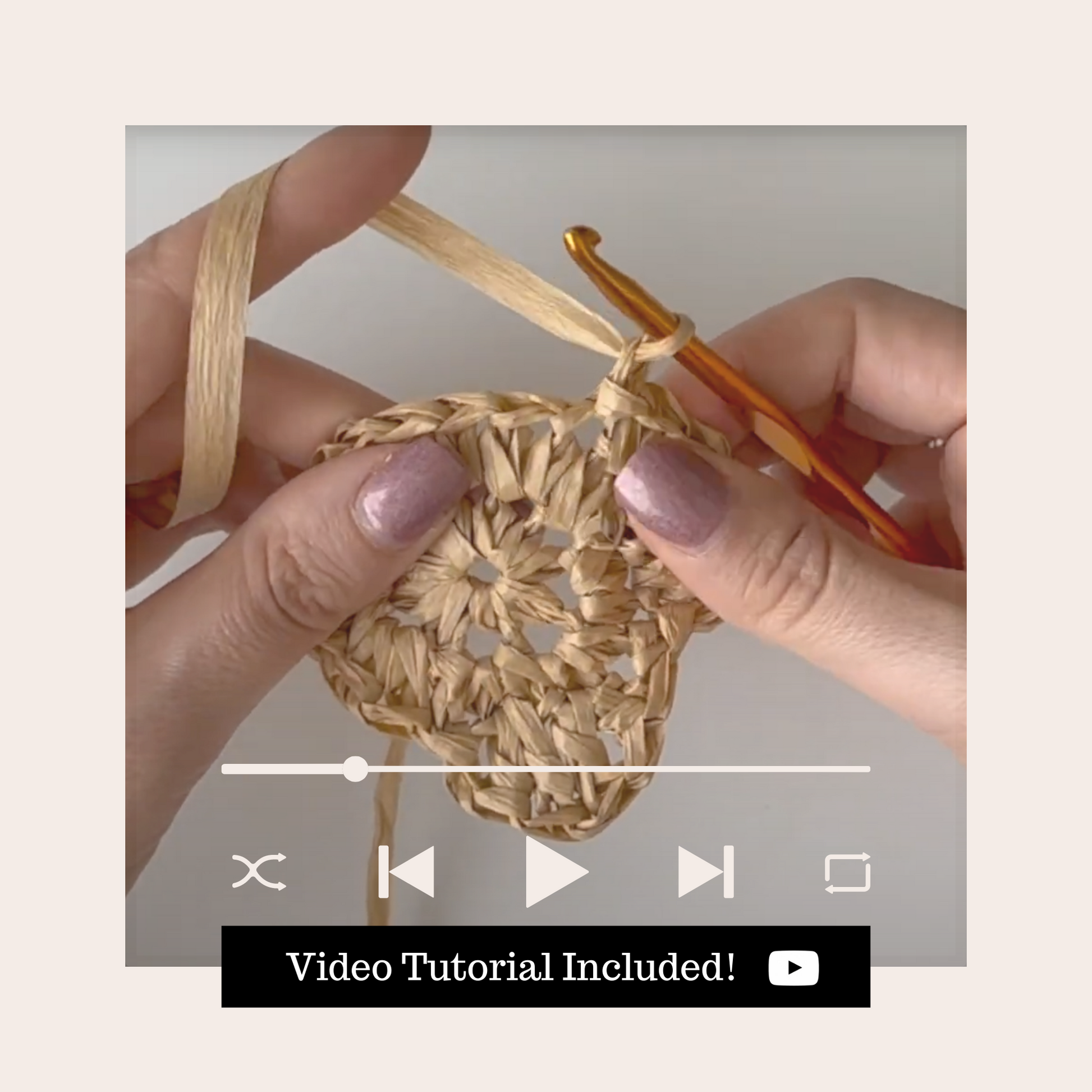 Graphic shoing video time line and video controls with raffia yarn flower coaster being crocheted by a close up pair of hands