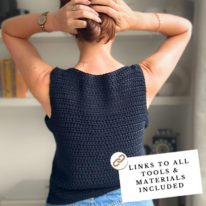 A woman shown from behind wearing a sleeveless dark navy blue crocheted top, with her hands behind her head. A white text overlay in the bottom right corner reads 'LINKS TO ALL TOOLS & MATERIALS INCLUDED'.