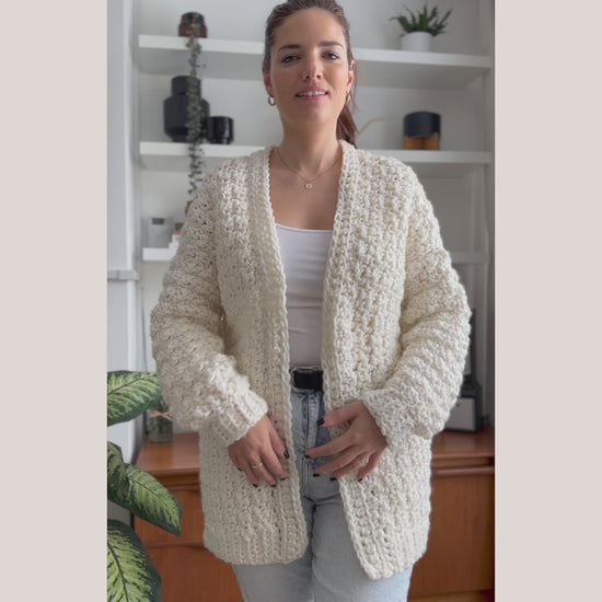 cat kemble wearing the lemon peel stitch cardigan 