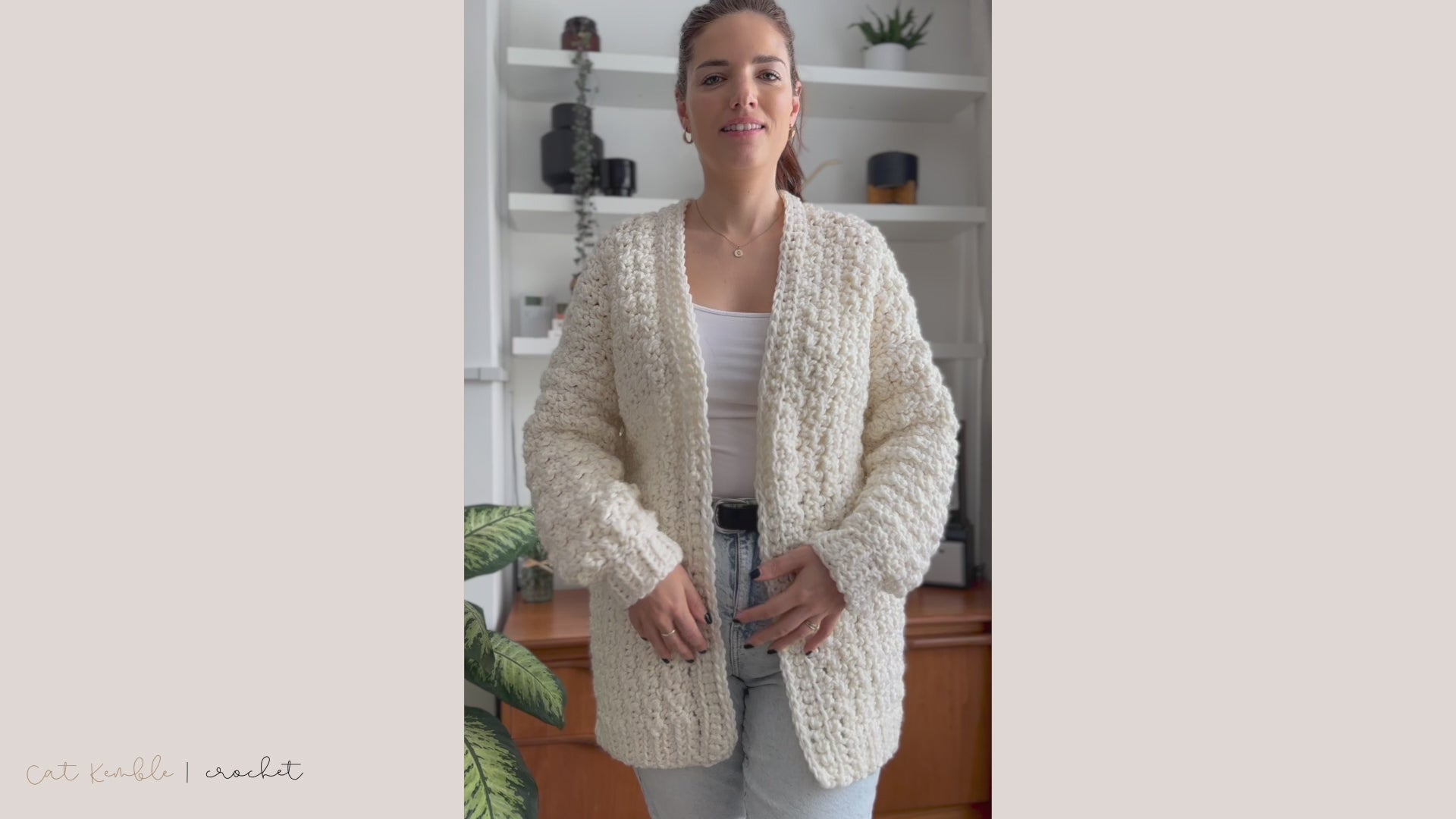 cat kemble wearing the lemon peel stitch cardigan 